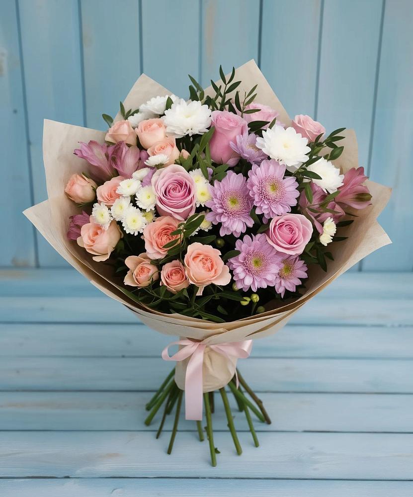 Букет цветов из: Хризантемы, Розы и Альстромерии в Ильинский Погост