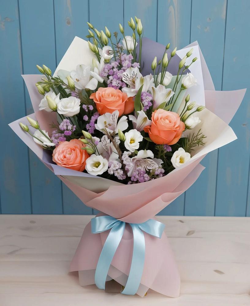 Букет цветов из: Лизиантусы, Розы, Альстромерии и Гипсофила в Ильинский Погост